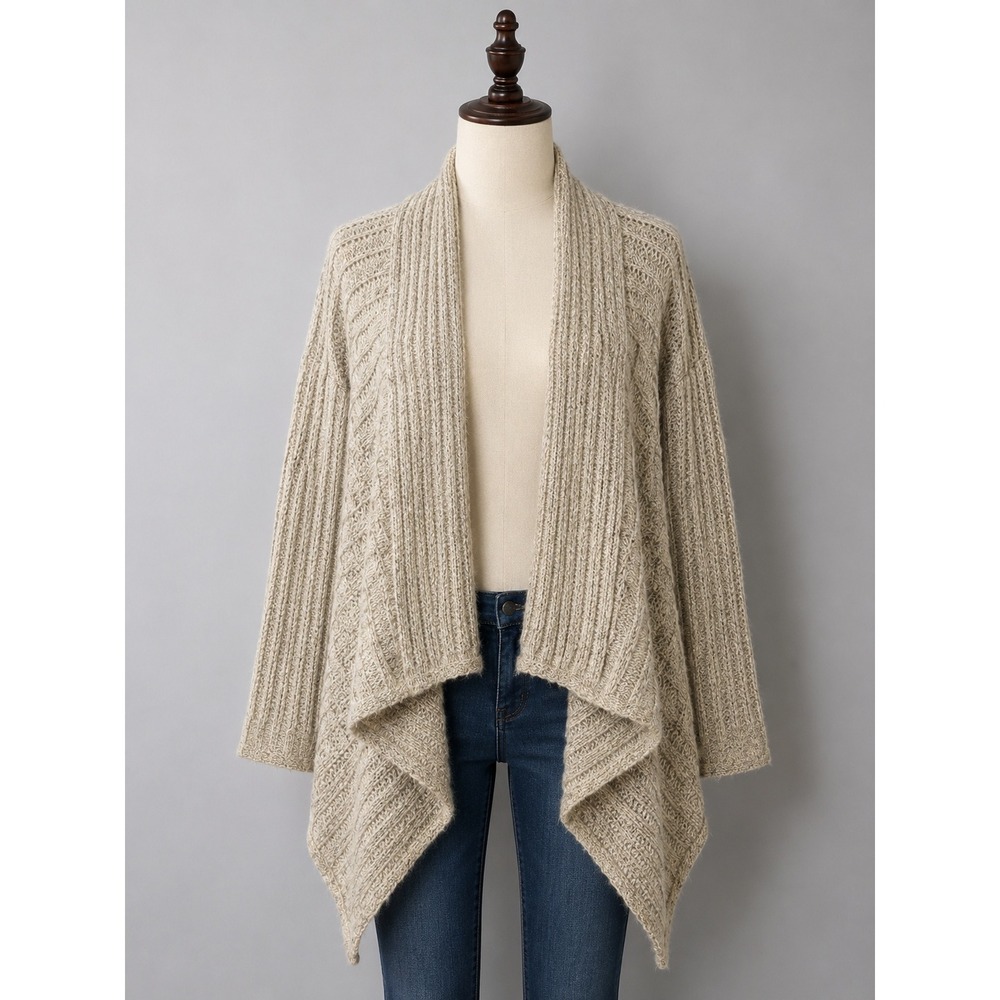 YA Los Angeles Oatmeal Chunky Ribbed Open Front Draped Cardigan Sweater Size L